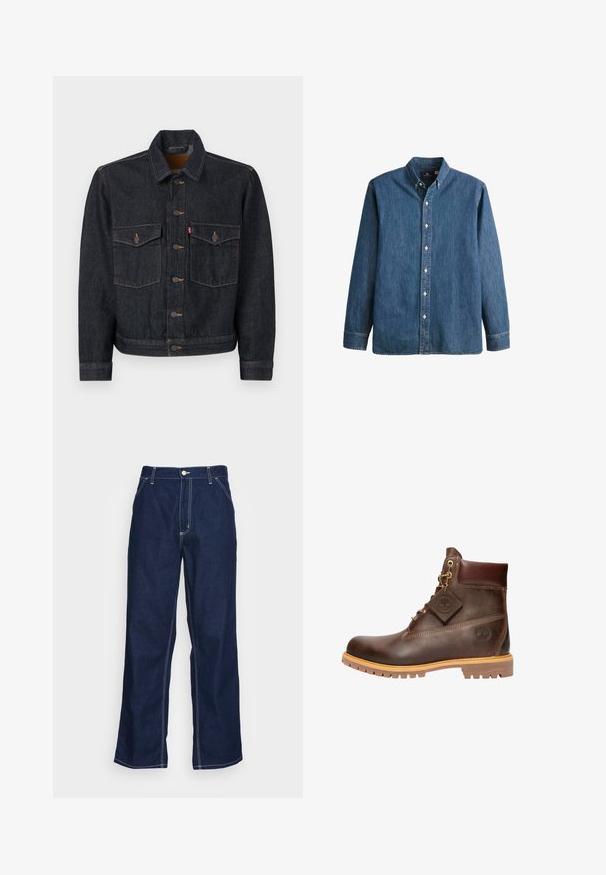Dunkelblaue Jeansjacke mit durchgehender Knopfleiste, zwei Brusttaschen und Kragen. Verfügt über kontrastierende Nähte und Metallknöpfe.; Denim-Hemd in Mittelblau, mit langen Ärmeln, spitzem Kragen, weißen Knöpfen und einer taillierten Passform sowie dezentem Logostick.; Dunkelblaue Denim-Hosen mit weitem Bein, hoher Taille, Fronttaschen und kontrastierendem weißen Nähten entlang der Säume.; Braune Leder-Ankelstiefel mit runder Zehenpartie, robuster Sohle, goldfarbener Hardware und strukturiertem Obermaterial. Enthält ein angehängtes Logo-Tag.