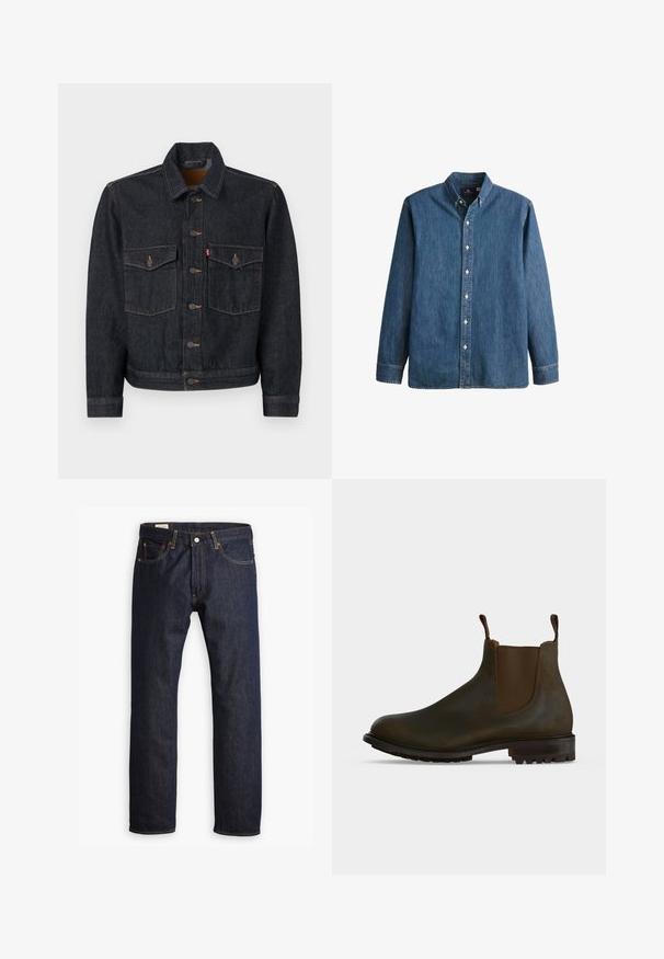 Veste en denim foncé avec un devant boutonné, deux poches poitrine et un col. Présente des coutures contrastantes et des boutons en métal.; Chemise en denim bleu moyen à boutons, avec des manches longues, un col pointu, des boutons blancs et une coupe cintrée agrémentée d'une broderie de logo discrète.; Jean en denim bleu marine présentant une coupe droite, des coutures orange et un style à cinq poches avec une fermeture à bouton en métal.; Bottine Chelsea en cuir marron foncé avec panneaux latéraux élastiques, languettes à la cheville et semelle en caoutchouc crantée.
