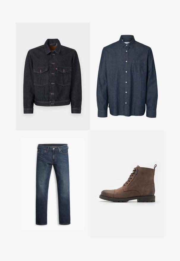Dunkelblaue Jeansjacke mit durchgehender Knopfleiste, zwei Brusttaschen und Kragen. Verfügt über kontrastierende Nähte und Metallknöpfe.; Dunkelblaues Jeanshemd mit langen Ärmeln, Knopfleiste vorne, Brusttasche auf der linken Seite und klassischem Kragen.; Dunkelblaue Herren-Jeans mit geradem Bein, fünf Taschen und Knopfverschluss, flach auf weißem Hintergrund gezeigt.; Jack & Jones JFWTRAINER BOOT - Schnürstiefelette - brown stone