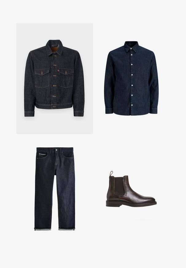 Dunkelblaue Jeansjacke mit durchgehender Knopfleiste, zwei Brusttaschen und Kragen. Verfügt über kontrastierende Nähte und Metallknöpfe.; Dunkelblaues Jeanshemd mit langen Ärmeln, weißen Knöpfen und spitzem Kragen, auf weißem Hintergrund gezeigt.; Dunkelblaue Jeans aus Denim mit klassischem geradem Schnitt, fünf Taschen, Knopfverschluss und umgeschlagenen Bündchen, die eine hellblaue Innenseite zeigen.; Braune Leder-Chelsea-Boots mit elastischen Seiteneinsätzen, Schlupfgriff und niedrigem, gestapeltem Absatz. Glatte Textur und schlanke Silhouette.