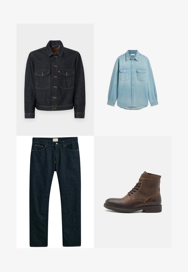 Donkerdenim jack met een knoopsluiting aan de voorkant, twee borstzakken en een kraag. Kenmerkt zich door contrasterende stiksels en metalen knopen.; Lichtblauw denimoverhemd met lange mouwen, twee borstzakken met klep, knoopsluiting aan de voorkant en puntkraag.; Donkerblauwe denim jeans met een recht model, vijf zakken en contrasterende stiksels op de naden. Gladde stofstructuur.; Jack & Jones JFWDELANEY BOOT - Veterboots - cognac