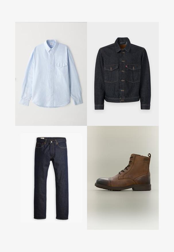 Dunkelblaue Jeansjacke mit durchgehender Knopfleiste, zwei Brusttaschen und Kragen. Verfügt über kontrastierende Nähte und Metallknöpfe.; Hellblaues, knöpfbares Hemd aus weichem Stoff, mit einem klassischen Kragen, langen Ärmeln und einer Brusttasche mit Klappe.; Dunkelblaue Jeans aus Denim mit geradem Bein, orangefarbener Naht und Fünf-Taschen-Stil sowie einer Metallknopfverschluss.; Brauner Leder-Schnürstiefel bis zum Knöchel mit schwarzer Zehenkappe, runder Sohle und Markenlabel an der Seite vor schlichtem Hintergrund.