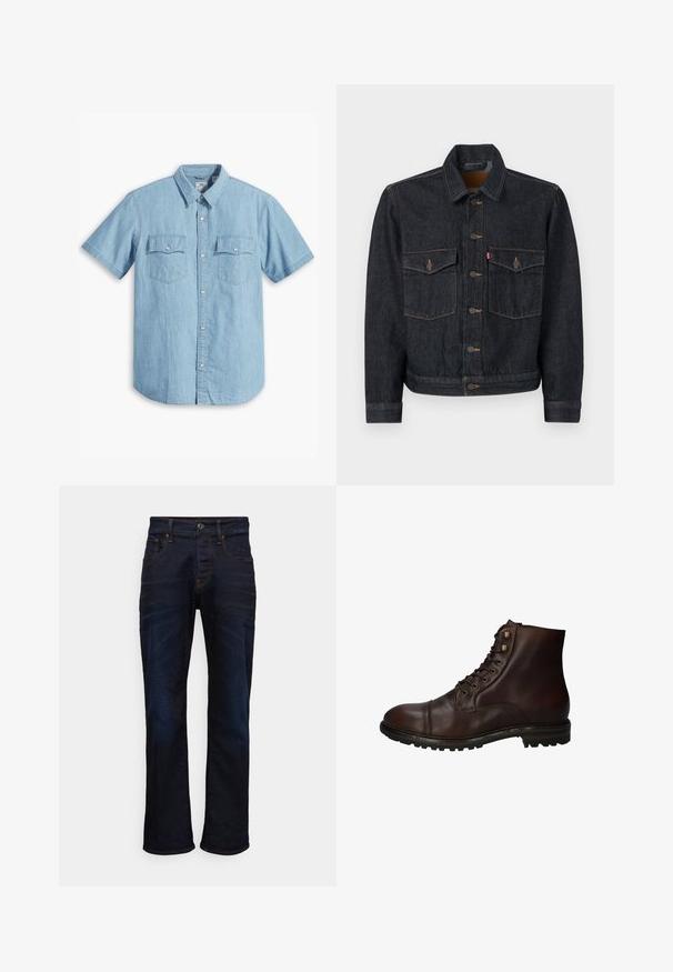 Mørk denimjakke med knaplukning foran, to brystlommer og krave. Har kontrasterende syninger og metalknapper.; Lyseblå kortærmet skjorte med knaplukning lavet af denim, med to brystlommer med lodret syning og en klassisk krave.; Mørkeblå denim jeans med lige ben, fem lommer og kontraststing. Materialet har en glat, vævet tekstur.; Mørkebrun læder snørebånd ankelstøvle med robuste gummisål og metaløjer, set fra den ydre side.