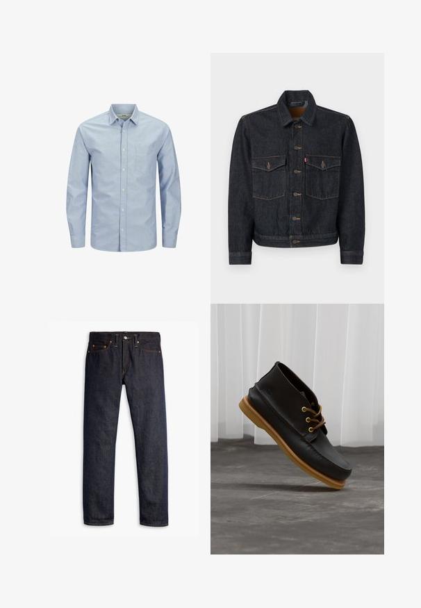 Dunkelblaue Jeansjacke mit durchgehender Knopfleiste, zwei Brusttaschen und Kragen. Verfügt über kontrastierende Nähte und Metallknöpfe.; Helles blaues Langarmhemd mit Knopfleiste und einer Tasche auf der linken Brustseite. Aus weichem Stoff mit glatter Textur und dezentem Logo-Detail gefertigt.; Dunkelblaue Jeans aus Denim mit geradem Schnitt, fünf Taschen-Design, kupfernen Nieten, gelben Nähten und einem ausgeprägten strukturierten Stoff.; Schwarze Lederschuhe mit glatter Oberfläche, runder Zehenform, braunen Schnürsenkeln und hellbraunen Gummisohlen. Logo an der Seite geprägt.