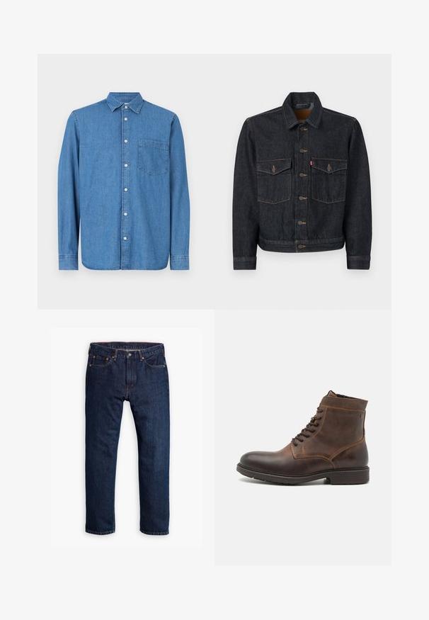 Donkerdenim jack met een knoopsluiting aan de voorkant, twee borstzakken en een kraag. Kenmerkt zich door contrasterende stiksels en metalen knopen.; Denim overhemd, lichtblauw, lange mouwen, knoopsluiting aan de voorkant, kraag, enkele borstzak, rechte zoom, subtiele textuur, casual ontwerp.; Persoon die donkerblauwe rechte jeans draagt, witte sneakers en een olijfgroene trui, met handen in de zakken, staand tegen een grijze achtergrond.; Jack & Jones JFWDELANEY BOOT - Veterboots - cognac