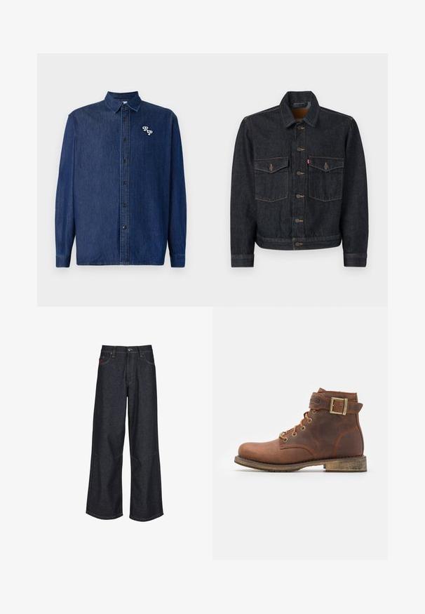 Mørk denimjakke med knaplukning foran, to brystlommer og krave. Har kontrasterende syninger og metalknapper.; Mørkeblå denimskjorte med knappelukning foran, lange ærmer og spids krave. Har en hvid broderet "RP"-logo.; Mørkeblå vidde jeans lavet af denim, med et klassisk design med fem lommer, kontrastsyning og en knapgylp.; Harley Davidson VNTGMOTO SHORT RIDING APPROVED - Cowboy- / bikerstøvlette - brown