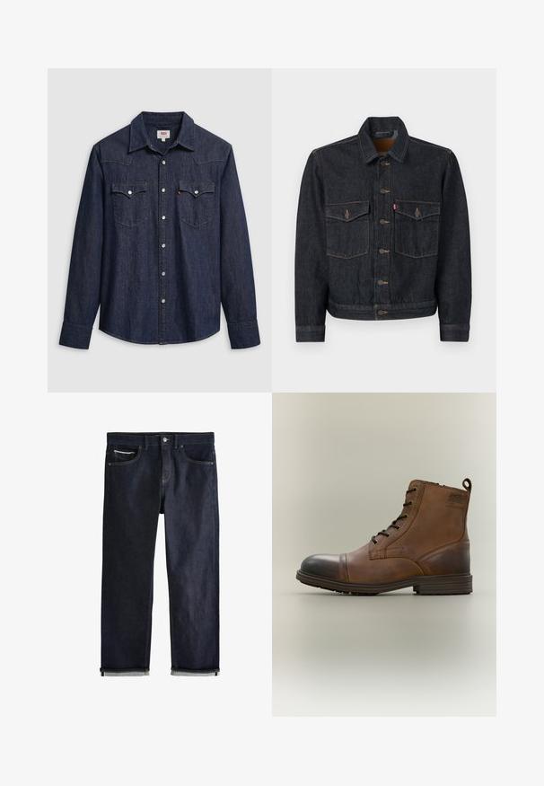 Mørk denimjakke med knaplukning foran, to brystlommer og krave. Har kontrasterende syninger og metalknapper.; Mørkeblå denimskjorte med spids krave, trykknapper og brystlommer. Har syningsdetaljer og lange ærmer.; Mørkeblå denimjeans med opsmøgede manchetter, knap- og lynlåslukning, for- og møntlommer samt kontrastsyning på hvid baggrund.; Brun læderstøvle med snørebånd, sort tåhætte, rund sål og mærket detalje på siden mod ensfarvet baggrund.