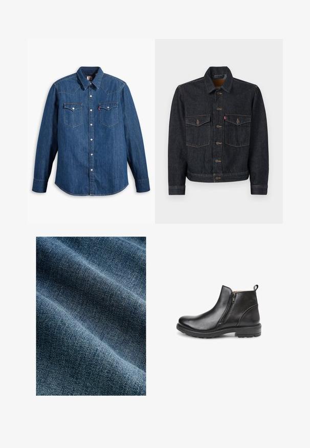 Dunkelblaue Jeansjacke mit durchgehender Knopfleiste, zwei Brusttaschen und Kragen. Verfügt über kontrastierende Nähte und Metallknöpfe.; Dunkelblaue Jeanshemd mit langen Ärmeln, spitzem Kragen und Druckknöpfen. Verfügt über zwei Brusttaschen mit Klappen und kontrastierenden Nähten.; Denimstoff in mittlerem Blau mit feiner Struktur und diagonaler Webung sowie weichem Fall, der natürliche Farbvariationen zeigt.; Schwarze Lederschnürstiefelette mit Seiteneinsatz, abgerundeter Spitze und strukturiertem Sohlenprofil. Mit einem Zugtab hinten für einfaches Anziehen.