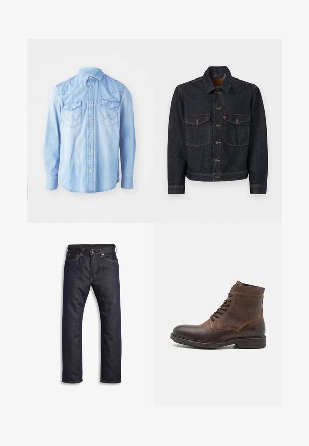 Dunkelblaue Jeansjacke mit durchgehender Knopfleiste, zwei Brusttaschen und Kragen. Verfügt über kontrastierende Nähte und Metallknöpfe.; Hellblaues Denim-Hemd mit langen Ärmeln, spitzem Kragen, zwei Brusttaschen mit Zickzackstickmustern und Knopfverschluss.; Dunkelblaue Jeans aus Denim mit geradem Schnitt, Fünf-Taschen-Design, metallischen Komponenten und kontrastierenden orangen Nähten. Glatte Textur, keine sichtbaren Muster.; Jack & Jones JFWDELANEY BOOT - Schnürstiefelette - cognac
