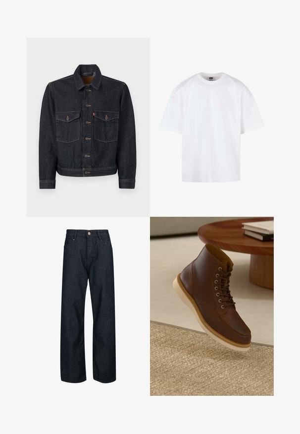 Mørk denimjakke med knaplukning foran, to brystlommer og krave. Har kontrasterende syninger og metalknapper.; Hvid kortærmet t-shirt med rund hals, lavet af bomuldsmateriale, der har en afslappet pasform og minimale syningsdetaljer.; Mørkeblå denim jeans med lige pasform, der har knaplukning, fem lommer og kontrastsyninger på sømmene.; Brune læderankelstøvle med beige sål på et struktureret beige tæppe ved siden af et rundt træbord med stakke af bøger.