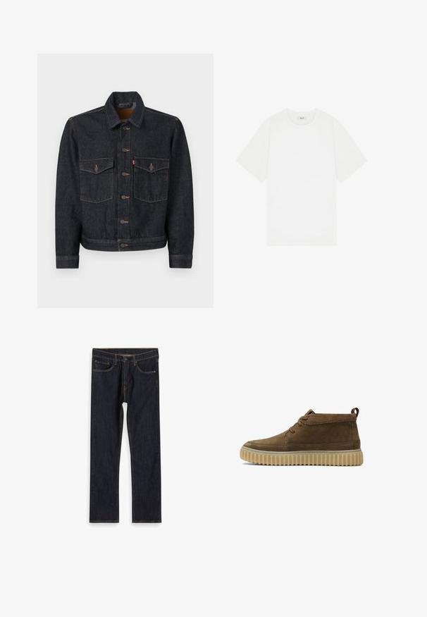Dunkelblaue Jeansjacke mit durchgehender Knopfleiste, zwei Brusttaschen und Kragen. Verfügt über kontrastierende Nähte und Metallknöpfe.; Weißes Kurzarm-T-Shirt aus Baumwolle mit Rundhalsausschnitt und dezentem Logo auf der Brust, mit glatter Textur.; Dunkelblaue, gerade geschnittene Jeans aus Denim mit Fronttaschen, Gürtelschlaufen und kontrastierendem orangefarbenem Nähen, flach auf weißem Hintergrund ausgelegt.; Braune Wildleder-Stiefeletten mit runder Zehenform, minimalen Nähten und einer strukturierten, klobigen Gummisohle. Mit Schnürdesign und Fersenlasche.