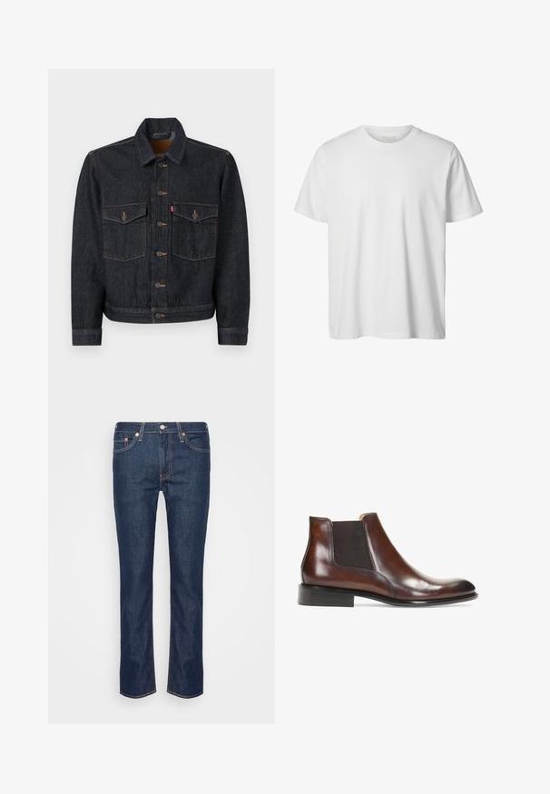 Mørk denimjakke med knaplukning foran, to brystlommer og krave. Har kontrasterende syninger og metalknapper.; Enkelt hvid T-shirt med korte ærmer og rund hals, løs pasform og uden synlige logoer eller designs foran.; Mørkeblå lige ben denim jeans med orange søm, fem lommer og en frontknap samt lynlås.; Brun læder ankelstøvle med elastiske sidepaneler, en glat overflade, stikninger og en lav rektangulær hæl.