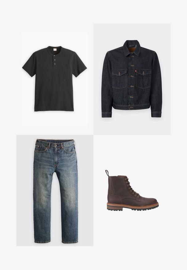 Dunkelblaue Jeansjacke mit durchgehender Knopfleiste, zwei Brusttaschen und Kragen. Verfügt über kontrastierende Nähte und Metallknöpfe.; Schwarzes Kurzarm-Polohemd aus Baumwolle, mit einer Knopfleiste mit drei Knöpfen und einem kleinen Logo auf der linken Brust.; Blaue, ausgebleichte gerade geschnittene Jeans aus Denim mit Fronttaschen, Gürtelschlaufen, Knopf und Reißverschluss auf einem hellen Hintergrund.; Braune Leder-Stiefeletten mit Schnürung, strukturierter Oberfläche, kontrastierenden beigen Sohlen und Metallösen. Verfügen über eine Lasche zum einfachen An- und Ausziehen.