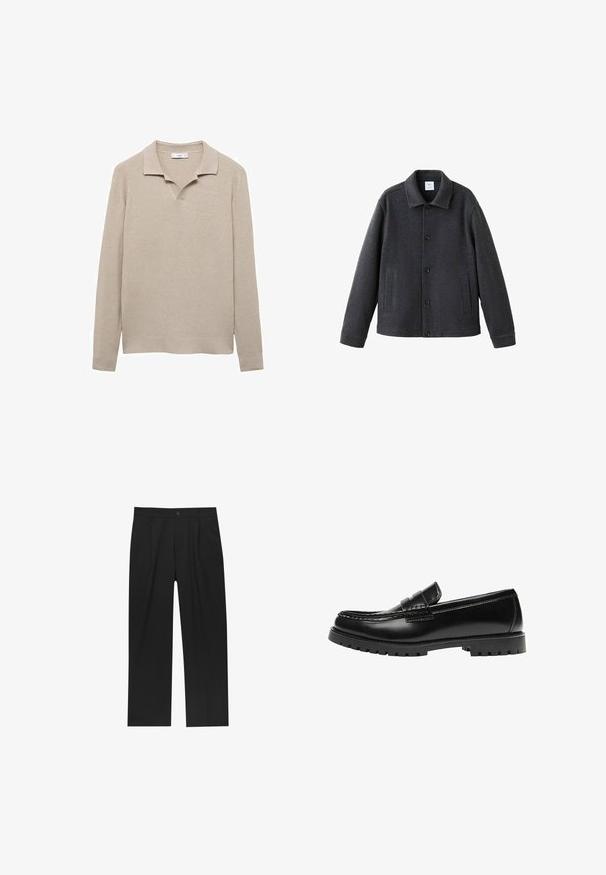 Veste en mélange de laine grise dotée d'un col, d'une fermeture à boutons sur le devant et de deux poches latérales. Design structuré avec une texture lisse.; Pull en tricot côtelé beige avec un col, décolleté en V à l'avant, manches longues et ourlet droit. Texture lisse sur l'ensemble.; Pantalons noirs au design droit, fabriqués à partir d'un tissu lisse. Dotés de plis sur le devant et d'une fermeture à un bouton à la taille.; Mocassin en cuir noir avec une semelle en caoutchouc épaisse et un détail classique de bride à monnaie, vu de côté extérieur.