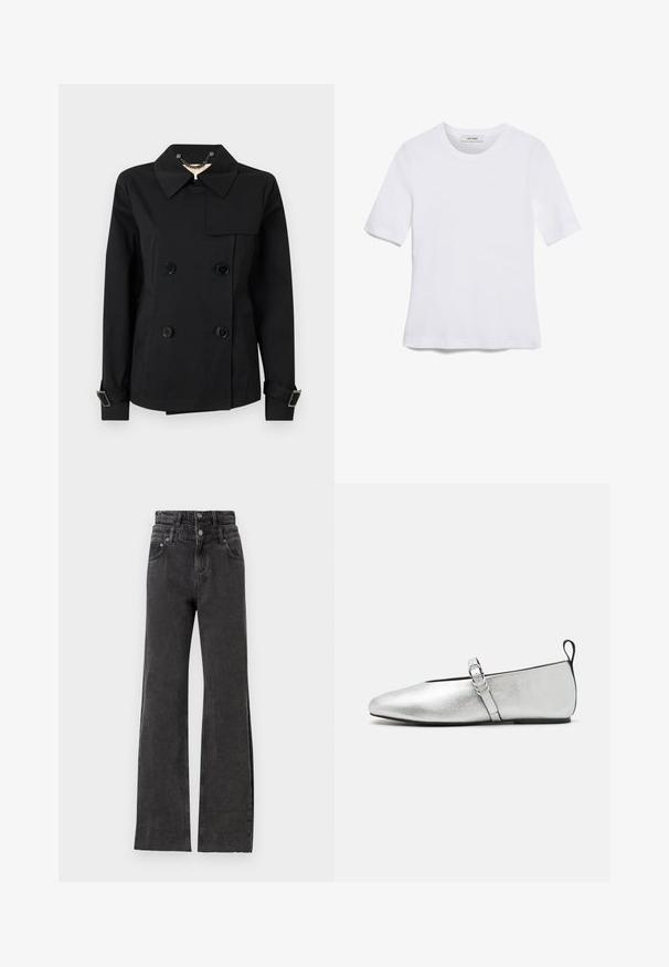 Schwarze, doppelt geknöpfte Jacke mit Kragen, die zwei Fronttaschen, schwarze Knöpfe und verstellbare Schnallenakzente an den Manschetten aufweist.; Weißes kurzärmliges T-Shirt aus geripptem Stoff. Runder Halsausschnitt, normale Passform und dezente Nähte. Keine Muster oder Grafiken.; Schwarze hochwaisted Jeans zeichnen sich durch ein gerade geschnittenes Design, dezente Abriebdetails und metallene Knopfhardware an der Taille aus.; rag & bone SPIRE MARY JANE - Riemchenballerina - silver