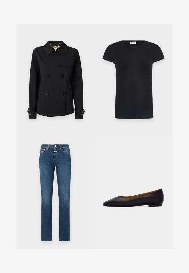 Schwarze, doppelt geknöpfte Jacke mit Kragen, die zwei Fronttaschen, schwarze Knöpfe und verstellbare Schnallenakzente an den Manschetten aufweist.; Schwarzes geripptes T-Shirt mit rundem Halsausschnitt und kurzen Ärmeln. Weicher Stoff mit figurbetonter Passform, ausgestattet mit einem Etikett am Hals.; Dunkelblaue Jeans aus Denim mit geradem Bein, klassischem Fünf-Taschen-Design und einem Reißverschluss mit Knopfverschluss. Abgenutzte Details im Stoff.; Schwarzer flacher Schuh aus Leder mit spitz zulaufender Vorderkappe, niedrigem Absatz und glatter Oberfläche, von der Seite vor einem hellgrauen Hintergrund dargestellt.