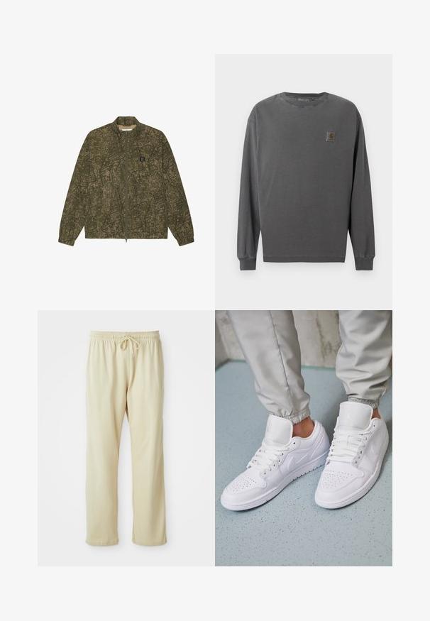Olijfgroene zip-up jas met abstract donker patroon, lange mouwen, elastische manchetten en een klein zwart label met "II" op de borst.; Langarmshirt van donkergrijze katoen. Heeft een ronde hals, elastische manchetten en een klein vierkant logo op de linkerborst.; Lichtbeige sweatpants met een trekkoord in de taille, taps toelopende pijpen en een zachte textuur. Heeft een subtiel merkje op het onderbeen.; Witte leren sneakers met een geperforeerde neus, platte veters, een gepolsterde kraag en het Jordan-logo op de tong. Gediend met grijze joggers.