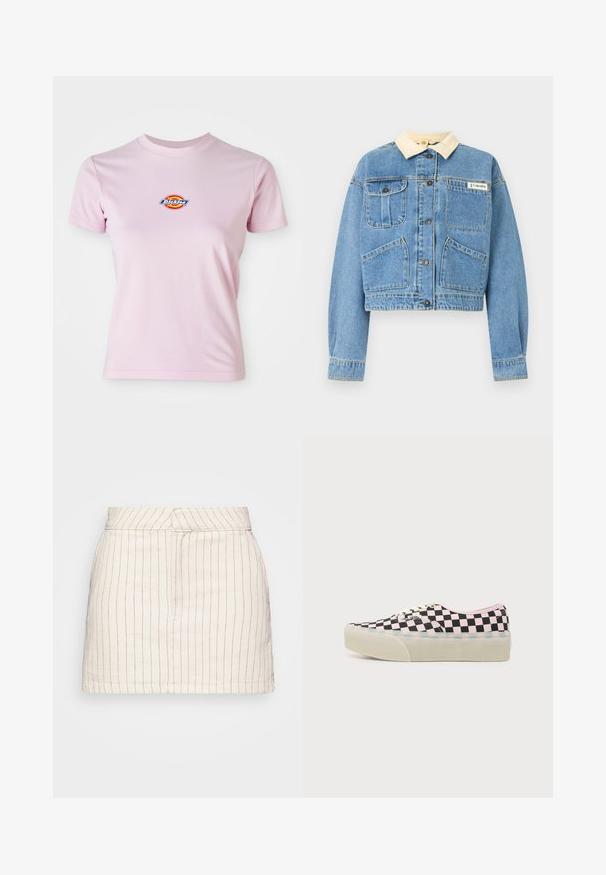 Lichtblauwe spijkerjas met crème kraag, vijf knopen aan de voorkant, twee borstzakken en twee zakken aan de onderkant, Columbia merklabel op de borst.; Roze katoenen t-shirt met korte mouwen, ronde halslijn en een klein rond logo in rood, geel en blauw op de borst.; Crème-kleurige rok met dunne rode verticale strepen, met een getailleerd ontwerp en rechte zoom. Gemaakt van een lichtgewicht stof.; Lage Vans sneaker met zwart en roze dambordpatroon en dikke gebroken-witte rubberen zool op effen achtergrond.