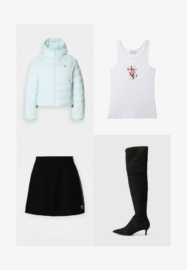 Calvin Klein Jeans LIGHTWEIGHT QUILTED JACKET PACKA - Jas - light blue; Wit geribd tanktop zonder mouwen met ronde hals, met een rood-zwart Calvin Klein-logo in het midden van de borst.; Zwarte sportrok met een flink uitlopende snit, voorzien van witte zijstrepen en een geborduurd logo aan de zoom. Gemaakt van glad, rekbaar materiaal.; Zwarte boven-de-knie laars van zacht materiaal met een puntneus en een slanke, lage hak. Naaddetails langs de zijkant.