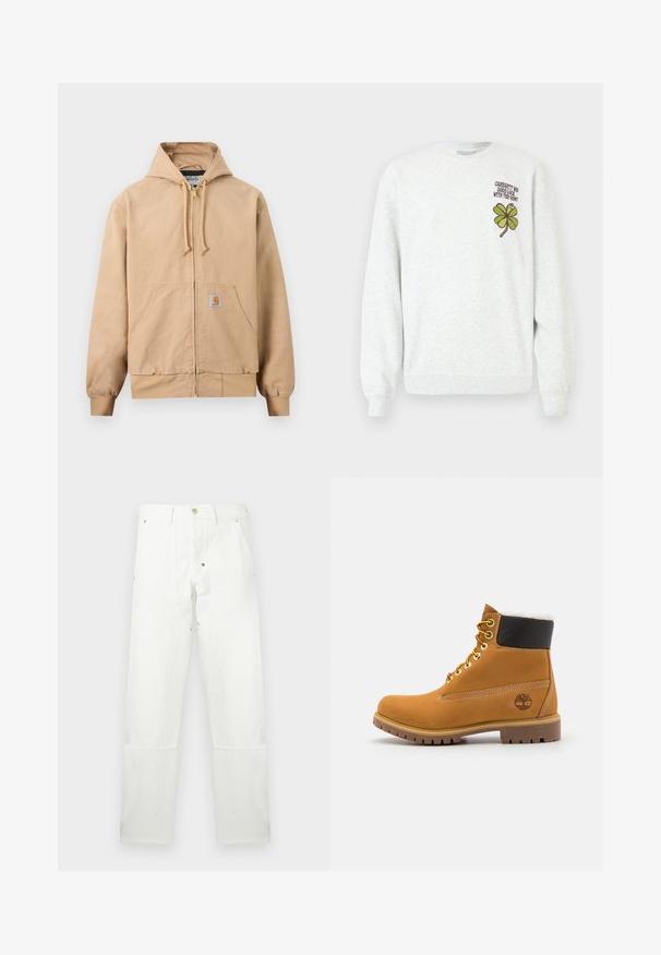 Beige Kapuzenjacke mit Reißverschluss, verstellbarer Kapuze mit Zugband, vorderer Kängurutasche, gerippten Bündchen und Saum sowie einem kleinen quadratischen Logoaufnäher auf der Tasche.; Grauer Pullover aus strukturiertem Stoff mit Rundhalsausschnitt, langen Ärmeln und grünem Vierblättrigen Kleeblatt-Grafik- und Textdesign auf der Brust.; Weiße gerade geschnittene Hose mit Knopf- und Reißverschluss, Gürtelschlaufen, Vordertaschen und verstärkten Kniepartien.; Braune Leder-Ankle-Boots mit Metallösen, weißem Kunstfellfutter, schwarzem gepolstertem Kragen, robustem Sohlenprofil und geprägtem Logo an der Seite.