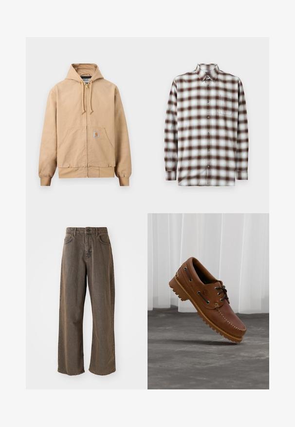 Chaqueta beige con capucha y cremallera, capucha con cordón, bolsillo tipo canguro en la parte delantera, puños y dobladillo acanalados, y un pequeño parche de logo cuadrado en el bolsillo.; Camisa de manga larga con patrón de cuadros en marrón, blanco y azul claro, con cuello abotonado y bolsillo en el pecho sobre un fondo liso.; Pantalones de mezclilla marrones de pierna ancha con cierre de botón, trabillas para el cinturón y bolsillos delanteros. La tela tiene una textura ligeramente desgastada.; Zapato náutico de cuero marrón con cordones negros, costuras beige y una suela resistente, suspendido sobre un suelo de hormigón gris.