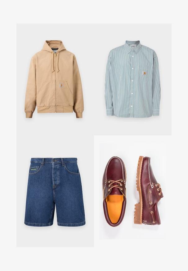 Beige Kapuzenjacke mit Reißverschluss, verstellbarer Kapuze mit Zugband, vorderer Kängurutasche, gerippten Bündchen und Saum sowie einem kleinen quadratischen Logoaufnäher auf der Tasche.; Gestreiftes Hemd in Grün und Weiß, mit Button-Down-Kragen, langen Ärmeln, Brusttasche und einem kleinen Logolabel.; Dunkelblaue Jeansshorts im klassischen Schnitt, mit Fronttaschen, Gürtelschlaufen und einem sichtbaren Markenschild an der linken Tasche.; Bordeauxfarbene Lederschuhe mit braunen Gummisohlen, runder Zehenform, weißen Nähten und goldenen Ösen. Das Innenfutter weist eine gelbe Beschichtung auf.
