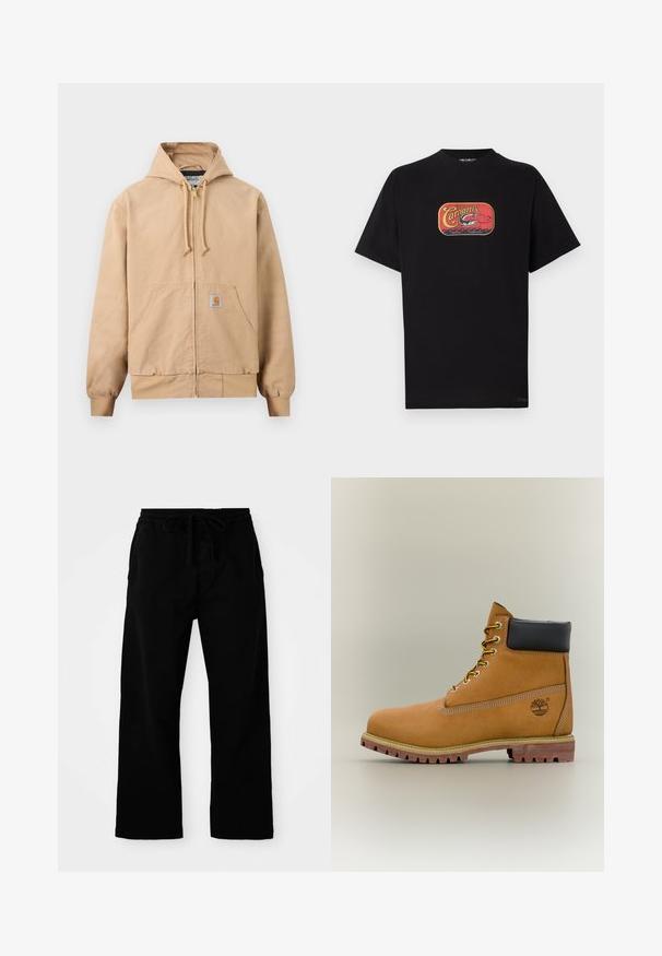 Beige Kapuzenjacke mit Reißverschluss, verstellbarer Kapuze mit Zugband, vorderer Kängurutasche, gerippten Bündchen und Saum sowie einem kleinen quadratischen Logoaufnäher auf der Tasche.; Schwarzes Baumwoll-T-Shirt mit einem roten und gelben Grafikdruck zum Thema Angeln auf der Vorderseite. Kurzärmlig und mit Rundhalsausschnitt.; Schwarze, elastische Hosen mit verstellbarem Kordelzug, weitem Bein und glatter Baumwollstruktur. Keine sichtbaren Muster oder Hardware-Details.; Brauner Leder-Stiefelette mit schwarzem Kragen, gelben Schnürsenkeln und hellbrauner Sohle. Verfügt über ein Logo und weiße Ziernähe. Robuste Profilsohle.