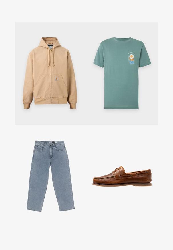 Beige zip-up hoodie met capuchon en trekkoorden, voorzak in kangoeroestijl, geribbelde manchetten en zoom, en een klein vierkant logo op de zak.; Groen T-shirt met korte mouwen, met een kleine afbeelding van de zon, bergen en golven op de linkerborst, met tekst boven en onder de afbeelding.; Lichtblauwe denim wijde jeans met een knoopsluiting, vijf zakken en recht afgesneden benen. Zachte textuur, minimale vervaging en nette stiksels.; Brown leren botenschoen met gestikte accenten, voorzien van metalen oogjes, een verhoogde naad op de neus en een platte rubberen zool.
