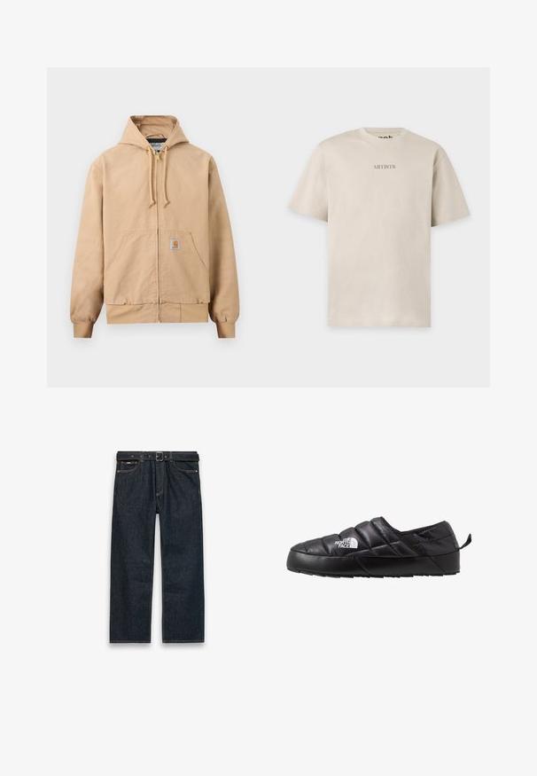 Beige hættejakke med lynlås, snøre i hætten, kangurulomme foran, ribbede manchetter og kant samt en lille firkantet logo-patch på lommen.; Beige kortærmet T-shirt med rund halsudskæring og ordet "ARTISTS" trykt med små store bogstaver på brystet.; Mørkeblå straight-leg jeans i denim med bæltestropper og sort bælte, forlommer og synlige syninger på en hvid baggrund.; Sort slip-on sko med et quiltet design, lavet af polstret materiale. Har en struktureret gummisål og et lille trækstrop bagpå.