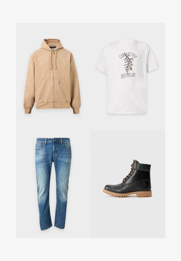 Beige hættejakke med lynlås, snøre i hætten, kangurulomme foran, ribbede manchetter og kant samt en lille firkantet logo-patch på lommen.; Hvid t-shirt med korte ærmer med en brun gren, en grøn oliven og sort tekst "Carhartt WIP" over og "Best for Last" under grenen.; Blå, falmede straight-leg denim jeans med fem lommer, knaplukning og synlige sømdetaljer på forsiden.; Sort læder ankelstøvle med brune snørebånd, polstret grøn krave og tan gummisål med dybe riller, set fra siden på hvid baggrund.