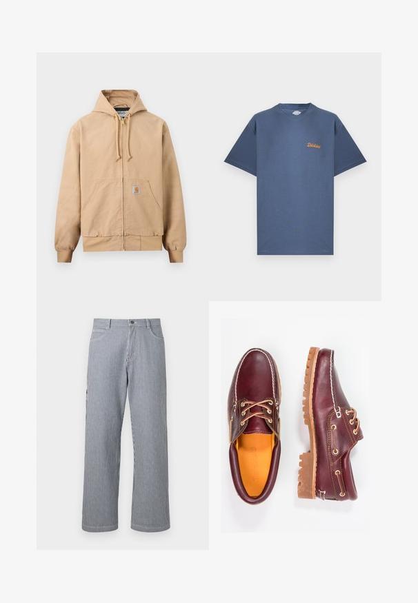 Veste beige à capuche avec fermeture éclair, cordon de serrage à la capuche, poche kangourou à l'avant, poignets et ourlet côtelés, et petit écusson carré sur la poche.; T-shirt bleu à manches courtes avec col rond, petit logo orange "Dickies" sur la poitrine gauche, présenté sur un fond blanc.; Pantalon à jambe droite à rayures verticales grises et blanches, avec poches avant et taille à fermeture boutonnée.; Chaussures en cuir bourgogne avec semelles en caoutchouc marron, bout rond, couture blanche et œillets dorés. L'intérieur présente une doublure jaune.