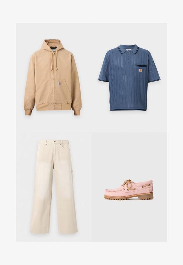 Beige zip-up hoodie met capuchon en trekkoorden, voorzak in kangoeroestijl, geribbelde manchetten en zoom, en een klein vierkant logo op de zak.; Blauw gebreid poloshirt met verticale geperforeerde strepen, een drieknopsbies, borstzak met een Carhartt-logo en zwarte afwerking aan kraag en mouwen.; Beige broek met wijde pijpen, voorzakken, knoopsluiting en riemlussen, afgebeeld tegen een effen witte achtergrond.; Roze leren bootshoe met tan kleurige veters, metalen oogjes en een dikke bruine rubberen zool, zijwaarts weergegeven op een witte achtergrond.