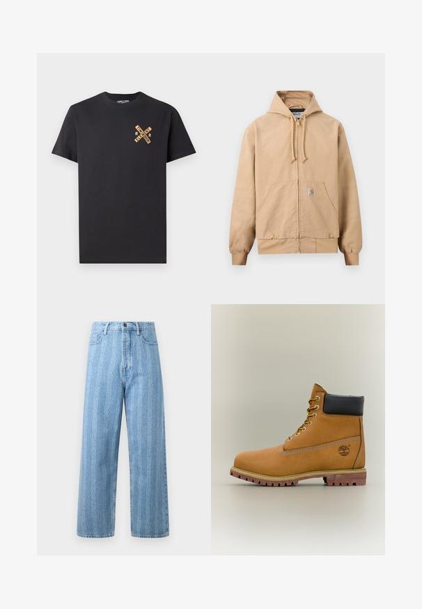 Beige Kapuzenjacke mit Reißverschluss, verstellbarer Kapuze mit Zugband, vorderer Kängurutasche, gerippten Bündchen und Saum sowie einem kleinen quadratischen Logoaufnäher auf der Tasche.; Schwarzes Baumwoll-T-Shirt mit einem grafischen Design in Orange, das die Worte "ELEMENT" und "REMEMBER" in einem Kreuzmuster auf der Brust zeigt.; Hellblaue Denim-Jeans mit weitem Bein, die ein wiederkehrendes Kettenmuster aufweisen. Klassischer Fünf-Taschen-Stil und metallischer Knopf. ; Brauner Leder-Stiefelette mit schwarzem Kragen, gelben Schnürsenkeln und hellbrauner Sohle. Verfügt über ein Logo und weiße Ziernähe. Robuste Profilsohle.