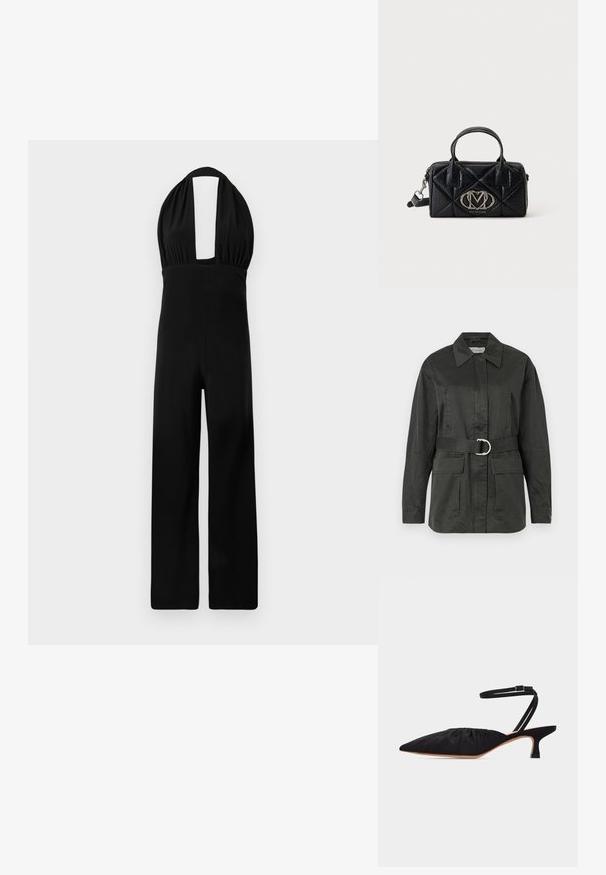 Mørkegrøn utility-jakke lavet af en bomuldsblanding, med spidse kraver, forlommer, bælte med en sølvfarvet rund spænde, og en afslappet pasform.; Sort halterneck jumpsuit med en dyb udskæring, samlet bodice og bredbenet design. Stoffet har en glat tekstur og ensartet farve.; Sort spids tå sko med lav hæl, rynket overdel og tynd ankelrem med spænde, vist i sideprofil på hvid baggrund.; Lille sort quiltet håndtaske med dobbelte håndtag, sølv logoemblem og aftagelig skulderrem på en ensfarvet baggrund.