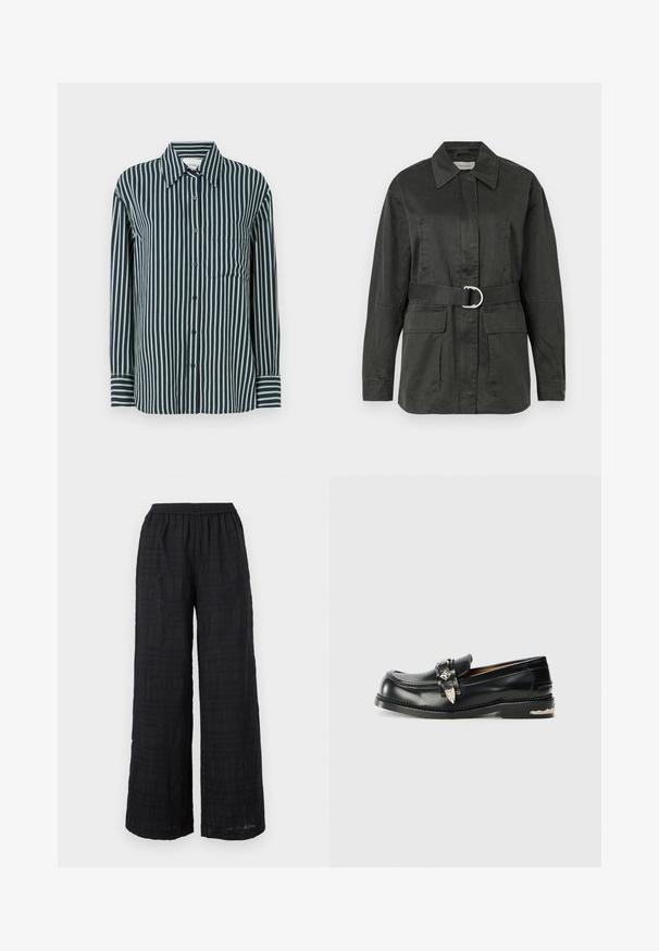 Dunkelgrüne Utility-Jacke aus Baumwollmischung, mit spitzem Kragen, Fronttaschen, einem Gürtel mit einer silbernen runden Schnalle und lockerer Passform.; Hemd mit Knopfleiste in vertikalen navy- und hellgrünen Streifen, klassischem Kragen, langen Ärmeln und einer einzigen Brusttasche. Hergestellt aus glattem Stoff.; Schwarze, weit geschnittene Hose mit elastischem Bund und einem dezenten, strukturierten Karomuster.; Schwarze Lederloafer mit runder Zehenform, dekorativen Schnallenakzenten und detaillierten Nähten entlang der Außensohle. Flaches Absatzdesign.