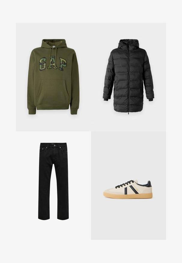 Chaqueta acolchada negra con cierre de cremallera en el frente, capucha y mangas largas. Presenta secciones acolchadas horizontales y puños elásticos, con una textura suave.; Sudadera verde oliva con bolsillo canguro frontal, capucha con cordones y logotipo "GAP" en estampado de camuflaje en el pecho.; Jeans de denim negros de pierna recta con diseño clásico de cinco bolsillos y cierre de botón en la cintura, mostrados planos sobre un fondo blanco.; Zapatillas casuales en crema con rayas negras, con parte superior texturizada y suela de goma. Los cordones son negros. Logo sutil en el costado.
