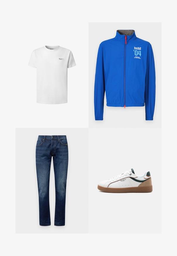 Veste légère bleue avec un col montant, une fermeture éclair intégrale et des poignets élastiques. Comprend des graphismes blancs : « Red Bull Racing », le numéro « 04 » et du texte. Tirette de fermeture éclair rouge.; T-shirt blanc à manches courtes avec col rond et petit logo "Pepe Jeans London" sur le côté gauche de la poitrine.; Jeans en denim de couleur bleu foncé avec une texture lisse, un design à jambes droites, un style à cinq poches et des accents de couture orange aux coutures et aux poches.; Baskets basses blanches avec semelle marron, accents verts et beige, lacets blancs, et logo "Pepe Jeans London" sur le côté.