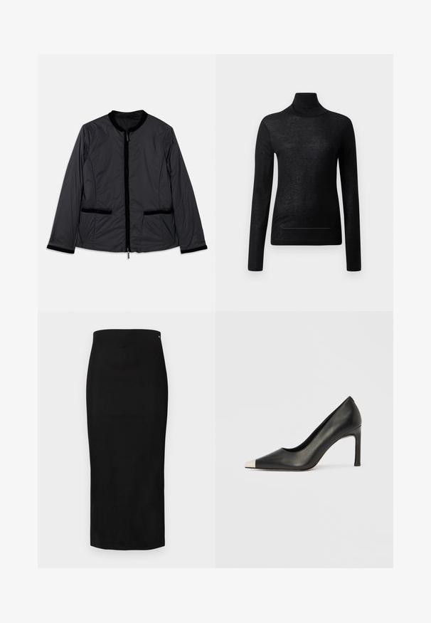Sort, let jakke med rund krave, lynlås foran og to sidelommer. Har velourdetaljer langs kraven og lommerne.; Sort langærmet turtle neck top lavet af letvægtsstof, med en tætsiddende design og minimale sømdetaljer, velegnet til lagdeling.; Sort pencilnederdel lavet af glat stof, med en tætsiddende silhuet, knælængde og et lille brandlogo nær taljen.; Sort læder højhælet sko med spids tå og metal-sølv hætte. Har en glat finish og en slank hæl på 10 cm.