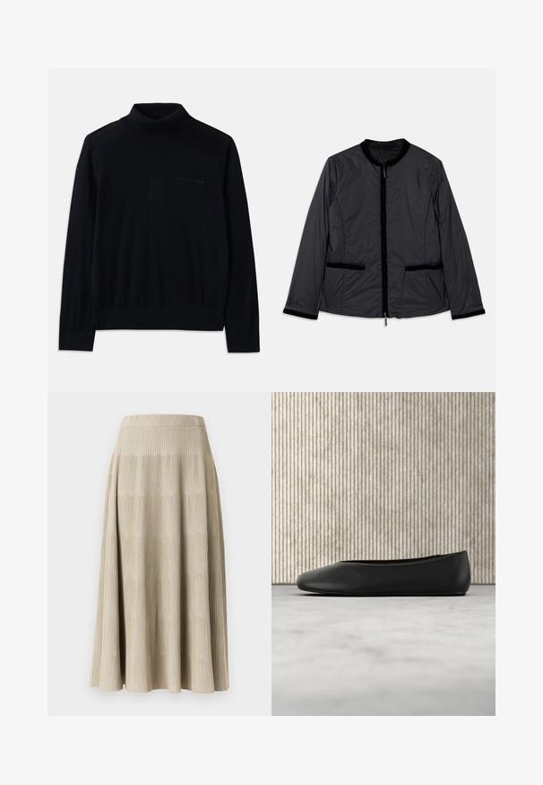 Chaqueta negra, ligera, con cuello redondo, cierre frontal con cremallera y dos bolsillos laterales. Presenta detalles de terciopelo en el cuello y los bolsillos.; Suéter negro de cuello alto hecho de tela suave, con mangas largas y un sutil logotipo bordado en la parte delantera. Diseño simple con dobladillos acanalados.; Falda plisada beige con tela texturizada. Presenta rayas verticales y un diseño acampanado, terminando justo debajo de la rodilla.; Bailarinas de cuero negro con punta redondeada, textura suave y un acento de logo dorado en el costado. Posicionadas sobre una superficie reflectante.