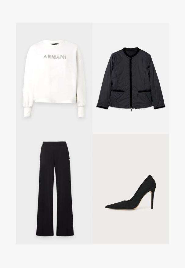 Veste noire légère avec col rond, fermeture éclair à l'avant et deux poches latérales. Présente des accents en velours le long du col et des poches.; Sweat-shirt blanc avec poignets côtelés et encolure arrondie. "ARMANI" en paillettes argentées sur la poitrine. Tissu doux, coupe courte.; Pantalon noir à jambes larges avec une taille ajustée, réalisé dans un tissu lisse. Comprend des poches latérales discrètes et des accents matériels minimalistes.; Escarpin stiletto noir à talon haut avec bout pointu et texture lisse, présenté de profil sur un fond clair uni.