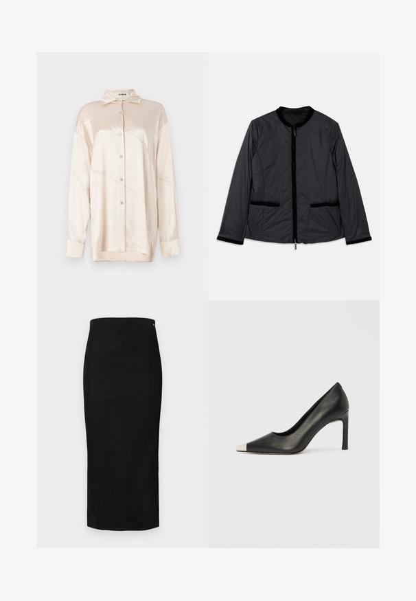 Schwarz, leichte Jacke mit runder Kragen, Reißverschluss vorne und zwei seitlichen Taschen. Verfügt über Samt-Akzente entlang des Kragens und der Taschen.; AERON ABIGAIL SHIRT - Hemdbluse - silver; Schwarzer Bleistiftrock aus glattem Stoff, mit figurbetonter Silhouette, knielangem Design und einem kleinen Markenlogo-Akzent nahe der Taille.; Schwarzer Lederschuh mit hohem Absatz, spitz zulaufender Zehenpartie und metallischer silberner Spitze. Verfügt über eine glatte Oberfläche und einen schlanken 10 cm hohen Absatz.