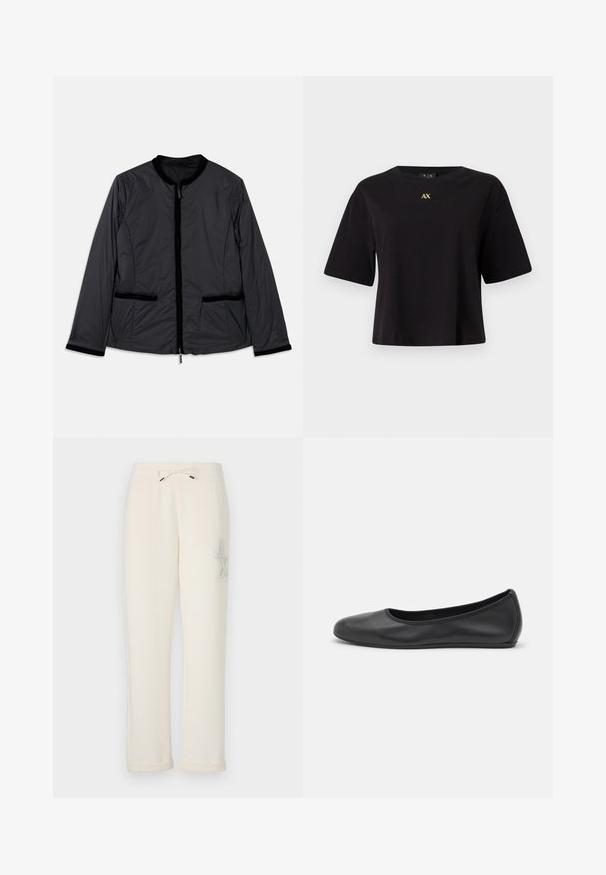 Veste noire légère avec col rond, fermeture éclair à l'avant et deux poches latérales. Présente des accents en velours le long du col et des poches.; T-shirt noir à manches courtes en coton avec une coupe décontractée, arborant un logo doré "AX" centré sur la poitrine.; Pantalons de sport couleur crème en matériau doux. Dotés d'une taille élastique avec un cordon de serrage et d'un logo décoratif sur le côté.; Ballerines en cuir noir avec un bout rond, texture lisse, détails de couture minimalistes et design de semelle flexible.