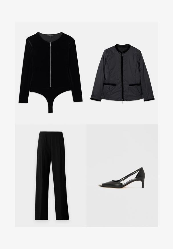 Veste noire légère avec col rond, fermeture éclair à l'avant et deux poches latérales. Présente des accents en velours le long du col et des poches.; Bodysuit en velours noir avec des manches longues, un col rond et une fermeture éclair à l'avant ; présente un bas tanga et une texture lisse.; Pantalons noirs à jambe large en tissu lisse, dotés d'une taille plate et de plis sur le devant pour un look soigné. Pas de matériel ni de motifs visibles.; Escarpin en cuir noir à petit talon en forme de kit avec embout pointu argenté et doubles sangles à boucle sur fond blanc.