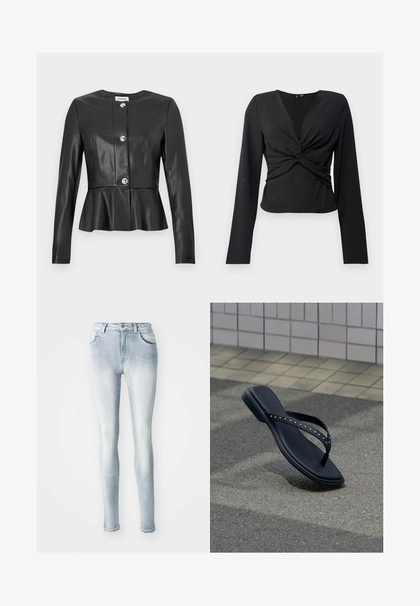 Mustast nahast jakk pikkade varrukatega, ümara kaelusega, peplum-vöökohaga ja säravate hõbedaste nuppudega. Sile tekstuur ja minimalistlik disain.; Must mustre lohkev varrukas topp, millel on keeratud esiosa ja sile tekstuur. Valmistatud venivast kangast, et saavutada paremini istuv välimus.; Heledad sinised kitsad teksad, mis on valmistatud denimist, kõrge vöökoht, viis taskut ning õrnad pleekimisdetailid reite ääres. Kulunud ääres. ; Mustad kaunistatud rihmadega plätu, mis ripub asfaldist kõnnitee kohal plaaditud seina ääres.