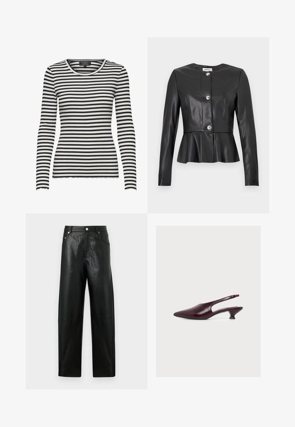 Schwarze Lederjacke mit langen Ärmeln, rundem Ausschnitt, Taillen-Peplum und glänzenden silbernen Knöpfen. Glatte Textur mit minimalistischem Design.; Schwarz-weiß horizontal gestreiftes, geripptes Langarmshirt mit Rundhalsausschnitt und gewellten Rändern an Ärmeln und Saum.; Schwarze, hoch taillierte, gerade geschnittene Hose aus Kunstleder mit vorderer Knopfleiste, Reißverschluss, Gürtelschlaufen und seitlichen Taschen vor einfachem Hintergrund.; Bordeauxfarbener Slingback-Schuh mit spitzer Spitze, niedrigem Kittenabsatz und glatter Lederoberfläche, von der Seite auf weißem Hintergrund gezeigt.