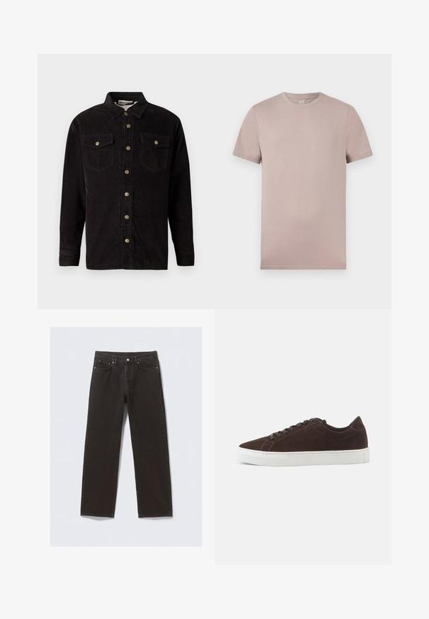 Sort kordfløjls skjortejakke med knaplukning foran, to brystlommer og metalknap detaljer. Har en klassisk krave og lange ærmer.; Lysebeige T-shirt med korte ærmer og rund hals, blød tekstur samt synlige sømme på ærmer og kant.; Svarte denimjeans med straight-leg design, fem lommer og kobberfarvet syning. Glat tekstur, klassisk knaplukning i taljen.; Mørkebrune ruskind lave sneakers med matchende snørebånd og tyk hvid gummisål, vist fra siden på en ensfarvet baggrund.