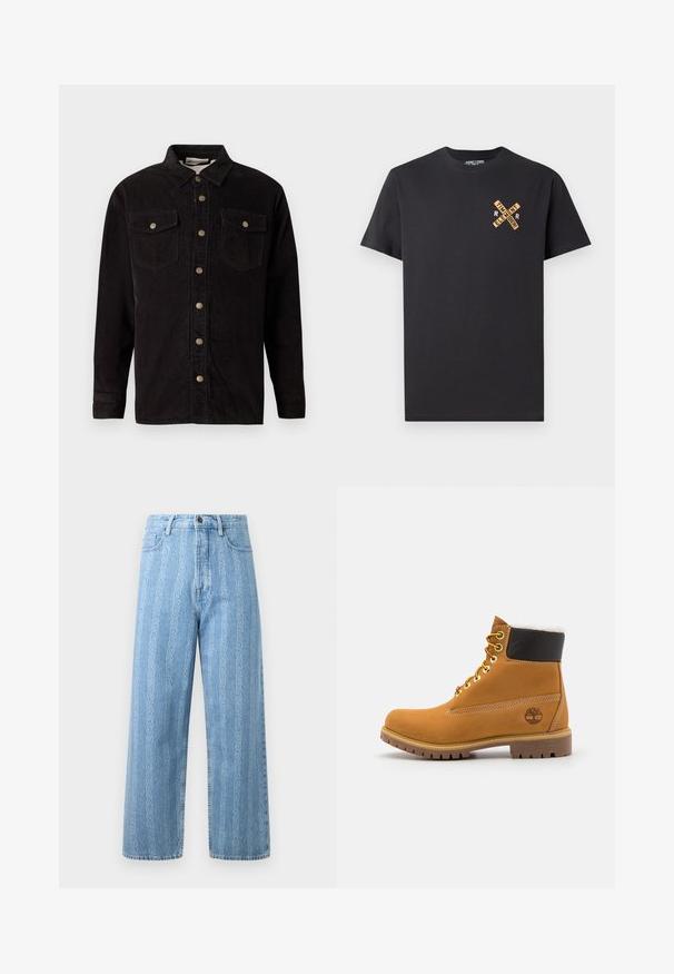 Veste chemise en velours côtelé noir avec une fermeture à boutons, deux poches poitrine et des accents en métal. Elle présente un col classique et des manches longues.; T-shirt en coton noir avec un design graphique orange, affichant les mots "ELEMENT" et "SE SOUVENIR" en motif croisé sur la poitrine.; Jean en denim bleu clair avec une coupe large, arborant un motif chaîne répétitif. Style classique à cinq poches avec détails en métal sur le bouton.; Bottine en cuir brun avec œillets en métal, doublure en fourrure blanche, col rembourré noir, semelle robuste et logo en relief sur le côté.