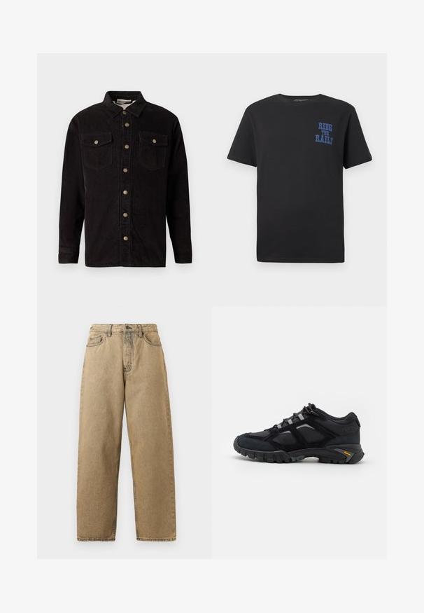 Schwarze Kordstoff-Hemdjacke mit Knopfleiste, zwei Brusttaschen und metallischen Knopfakzenten. Sie verfügt über einen klassischen Kragen und lange Ärmel.; Schwarzes Baumwoll-T-Shirt mit kurzen Ärmeln, das blauen Text "RIDE THE RAILS" im linken Brustbereich zeigt. Rundhalsausschnitt und normale Passform.; Beige Denim-Jeans mit geradem Bein, ausgestattet mit einem Reißverschluss, Gürtelschlaufen und kontrastierenden Nähten. Keine auffälligen Muster oder Hardware-Details.; Schwarzer Outdoor-Schuh aus Wildleder und Mesh mit robuster Sohle. Verfügt über graue Akzente und Vibram-Branding an der Seite. Schnürdesign.