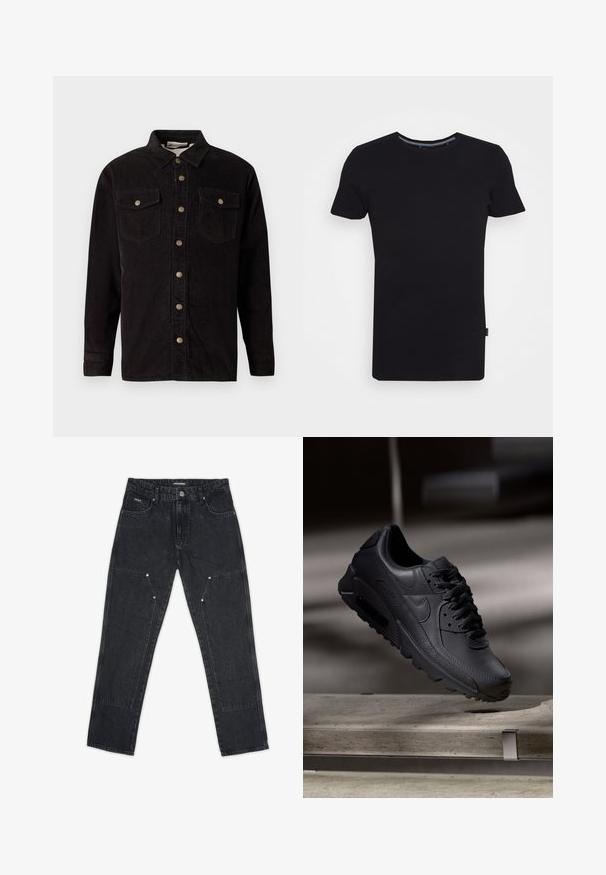 Sort kordfløjls skjortejakke med knaplukning foran, to brystlommer og metalknap detaljer. Har en klassisk krave og lange ærmer.; Lindbergh T-shirts basic - black; Pegador VINTO CARPENTER - Tømrerbukser - washed black; Sorte Nike Air Max-sneakers med en struktureret læderoverdel, gummisål og fremtrædende snøresystem, der viser et slankt, moderne design.