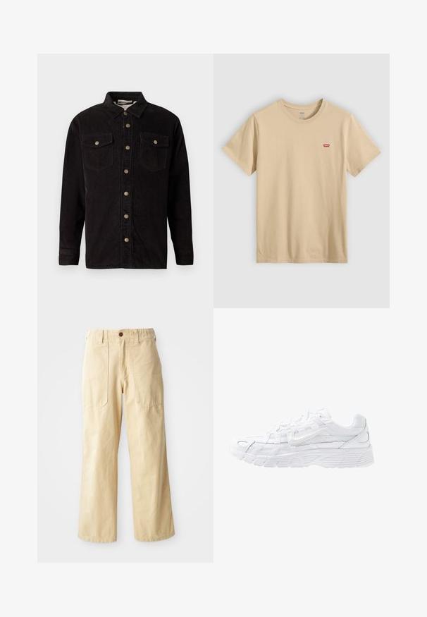 Sort kordfløjls skjortejakke med knaplukning foran, to brystlommer og metalknap detaljer. Har en klassisk krave og lange ærmer.; Beige bomulds-T-shirt med korte ærmer, rund halsudskæring og et lille rødt Levi's-logo på brystet. Glat, letvægtsstof.; Beige brede benbukser lavet af bomuld. De har en høj talje, to forlommer med flad design og en enkelt knaplukning.; Nike Sportswear P 6000 UNISEX - Sneakers - white/platinum tint